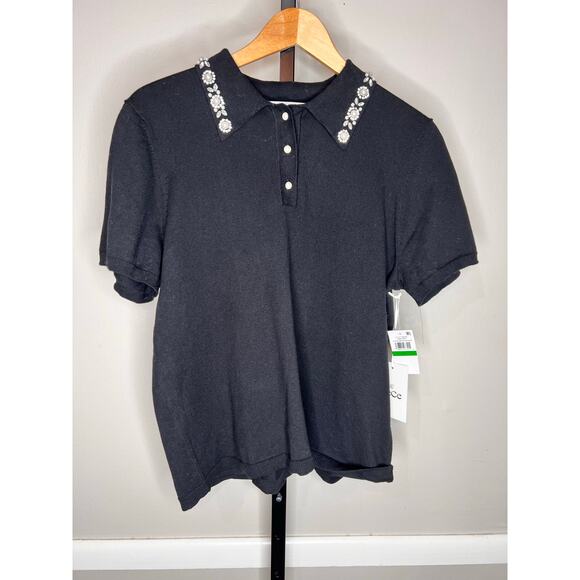 CeCe Embroidered Collar Short Sleeve Polo Sweater Rich Black Women's Size L NWT - Picture 3 of 9